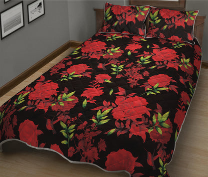 Black And Red Roses Floral Print Quilt Bed Set