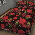 Black And Red Roses Floral Print Quilt Bed Set