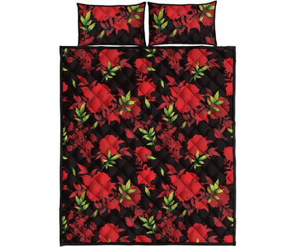 Black And Red Roses Floral Print Quilt Bed Set