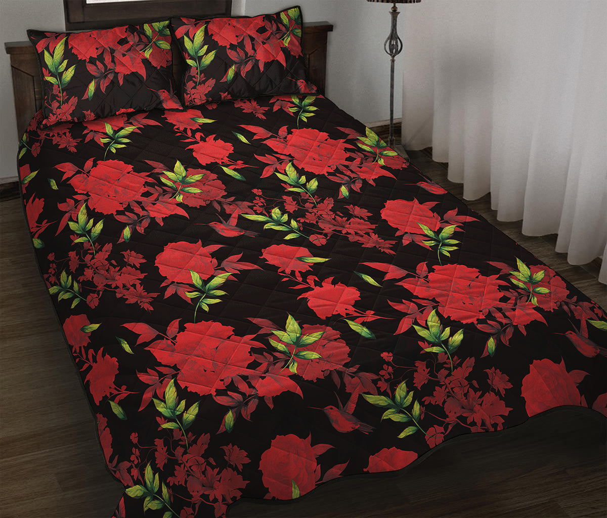 Black And Red Roses Floral Print Quilt Bed Set