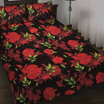 Black And Red Roses Floral Print Quilt Bed Set