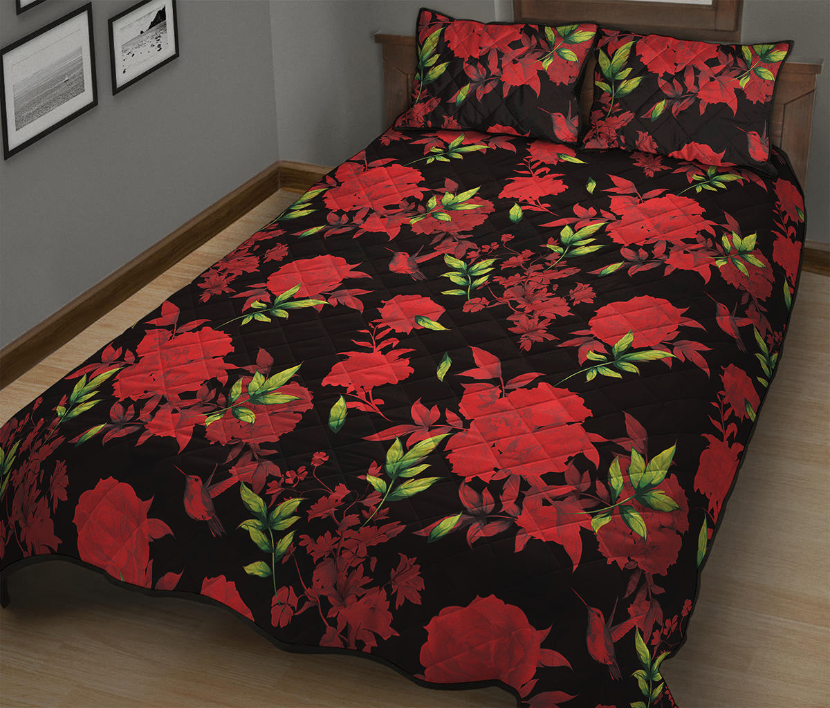 Black And Red Roses Floral Print Quilt Bed Set