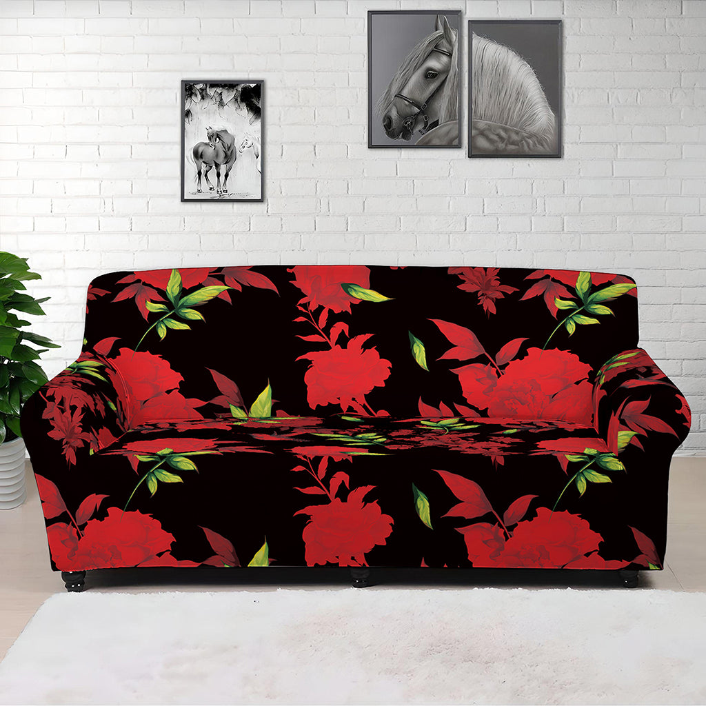 Black And Red Roses Floral Print Sofa Cover