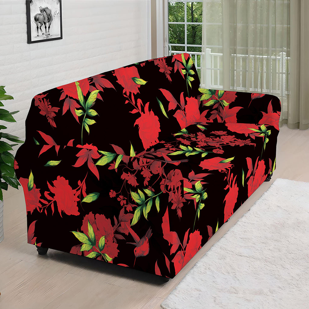 Black And Red Roses Floral Print Sofa Cover