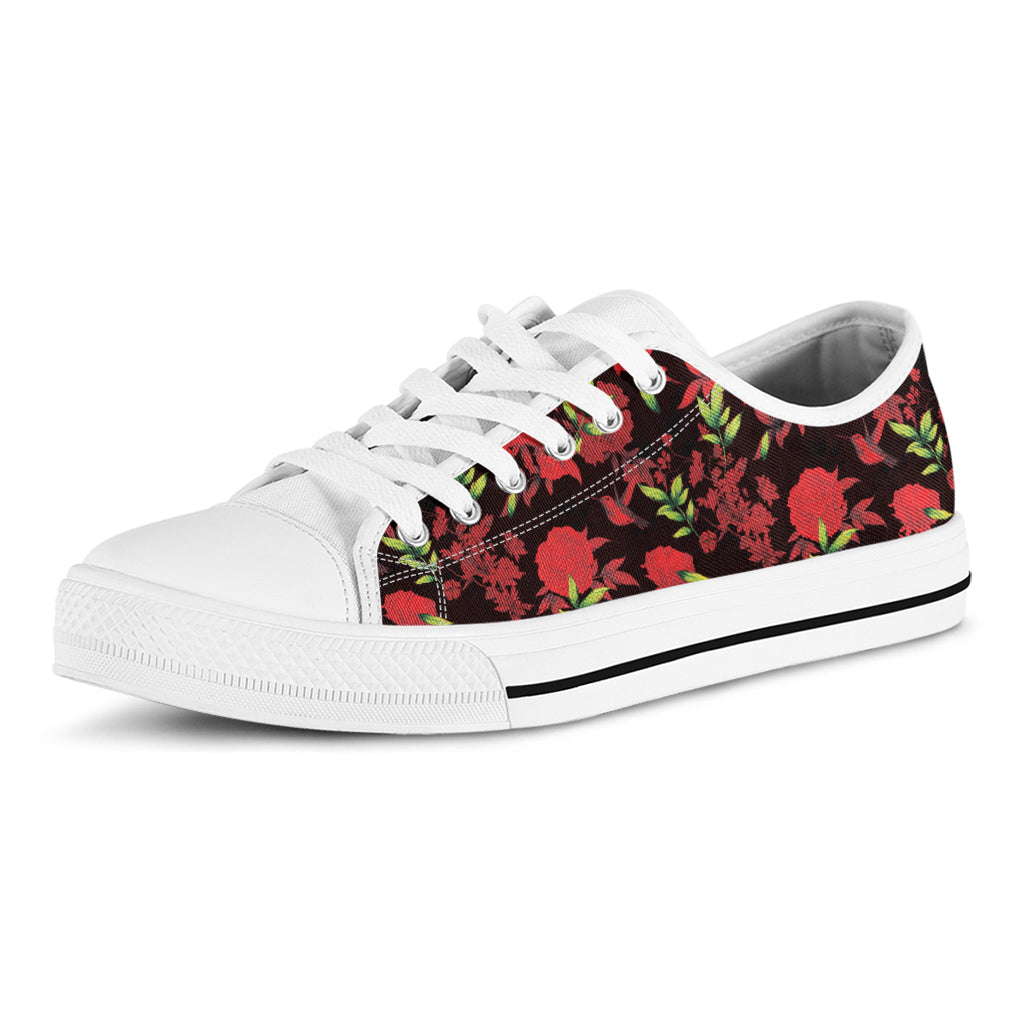 Black And Red Roses Floral Print White Low Top Shoes