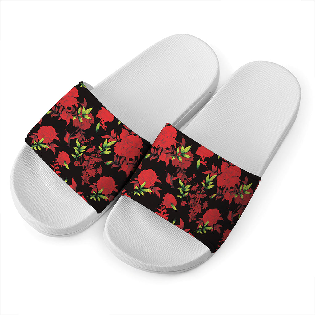 Black And Red Roses Floral Print White Slide Sandals