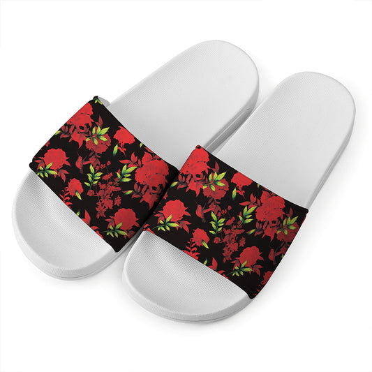 Black And Red Roses Floral Print White Slide Sandals