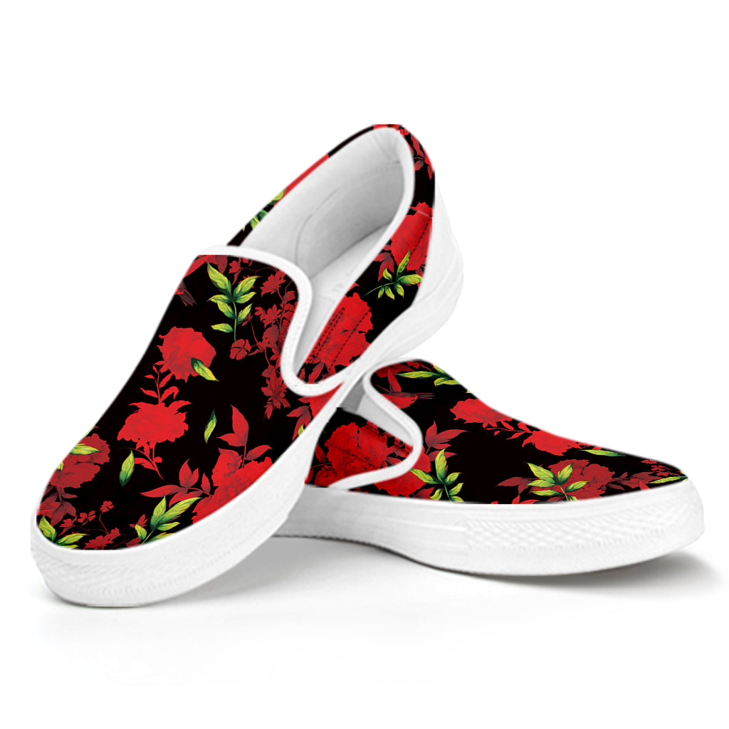 Black And Red Roses Floral Print White Slip On Shoes