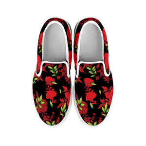 Black And Red Roses Floral Print White Slip On Shoes