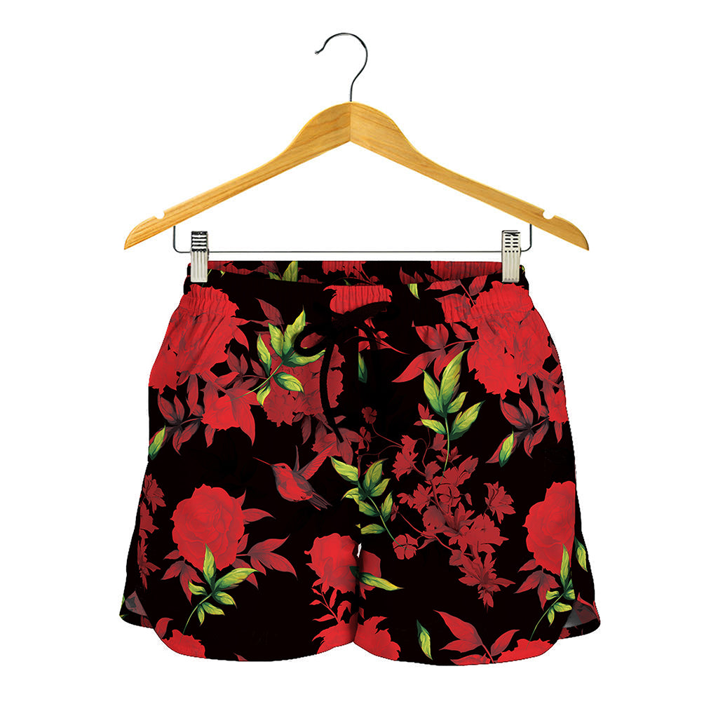 Black And Red Roses Floral Print Women's Shorts