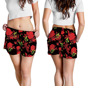 Black And Red Roses Floral Print Women's Shorts