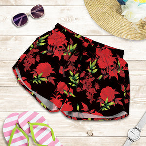 Black And Red Roses Floral Print Women's Shorts