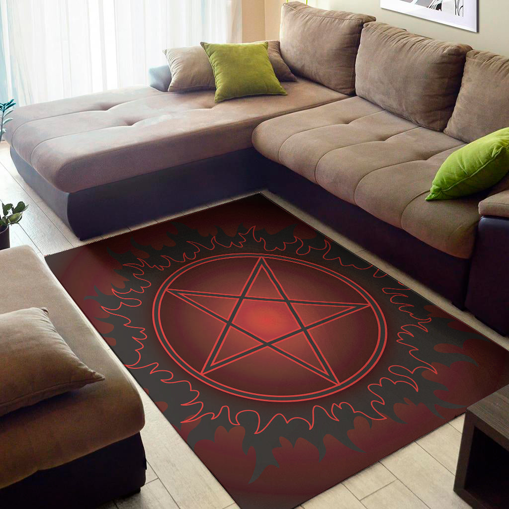 Black And Red Satanic Pentagram Print Area Rug