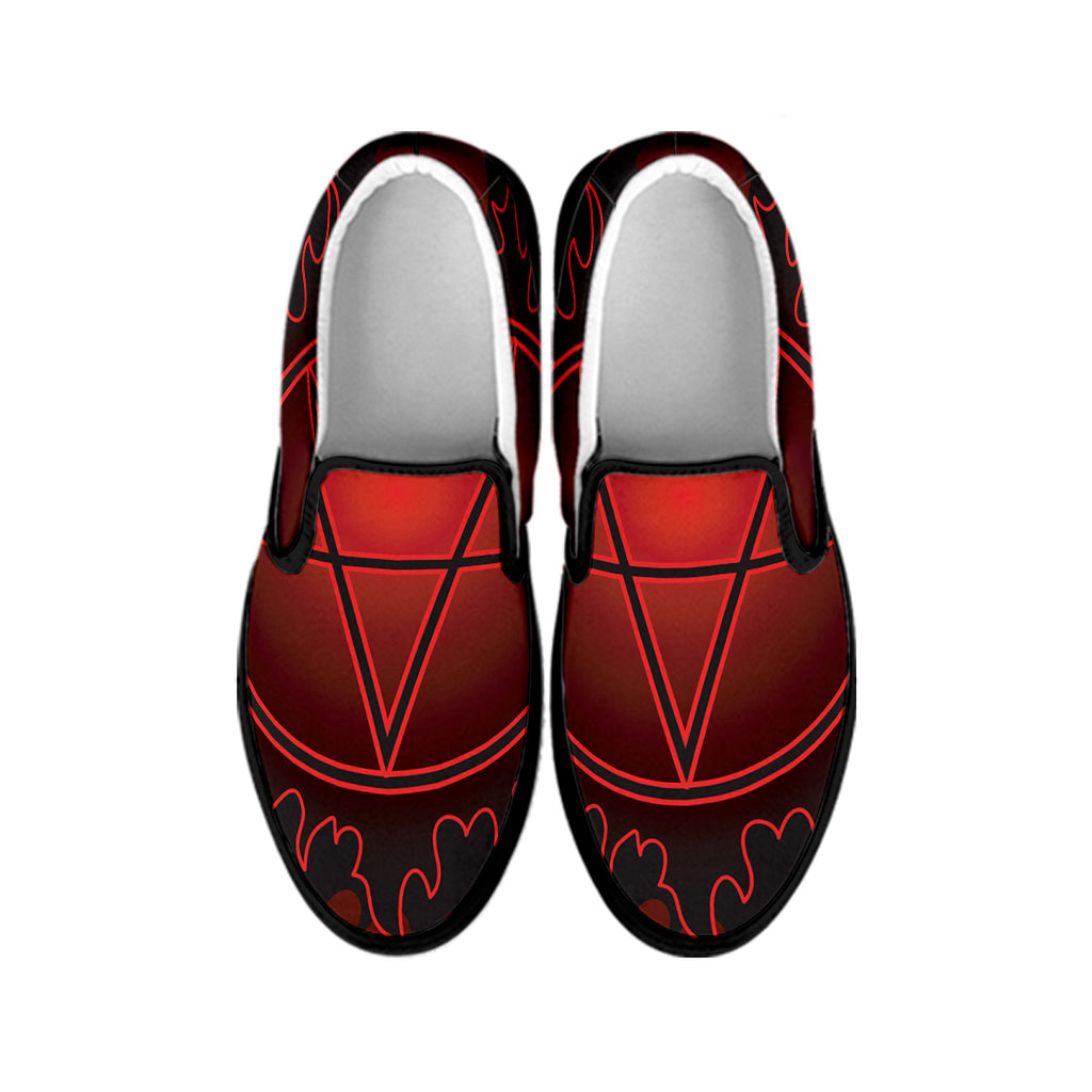 Black And Red Satanic Pentagram Print Black Slip On Shoes