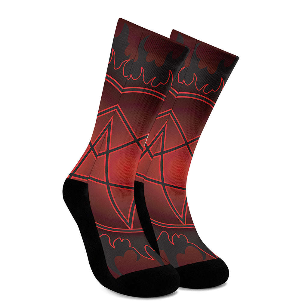 Black And Red Satanic Pentagram Print Crew Socks