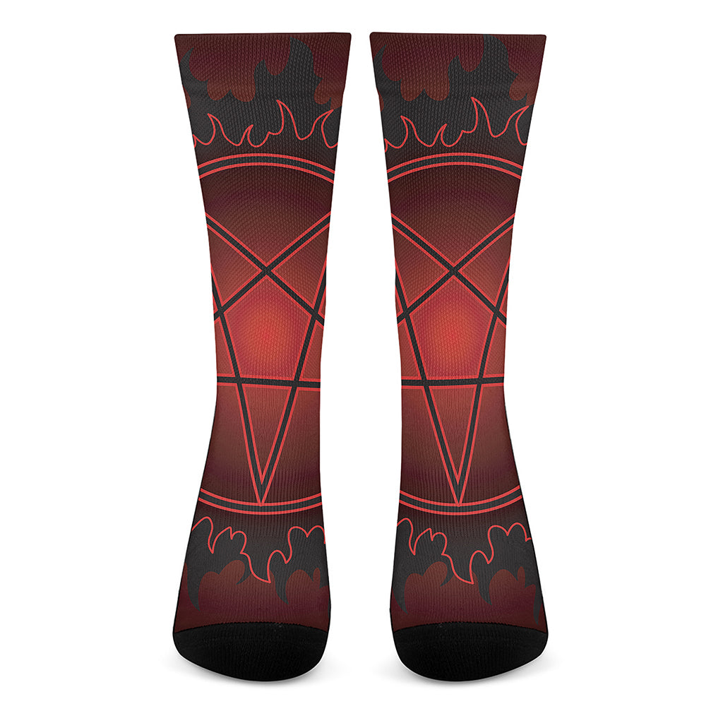 Black And Red Satanic Pentagram Print Crew Socks