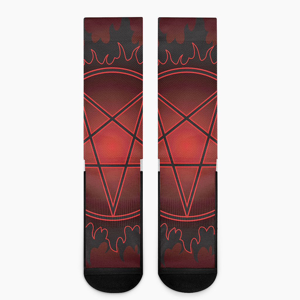Black And Red Satanic Pentagram Print Crew Socks