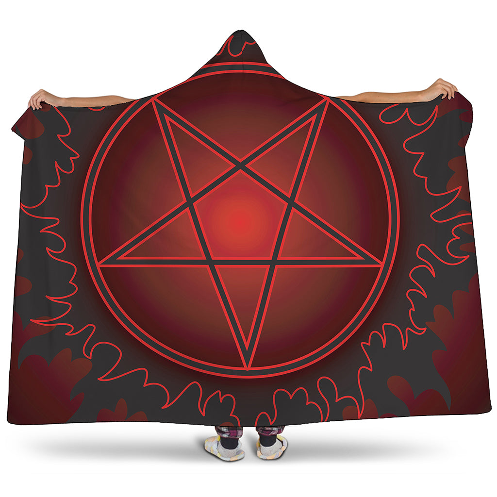 Black And Red Satanic Pentagram Print Hooded Blanket