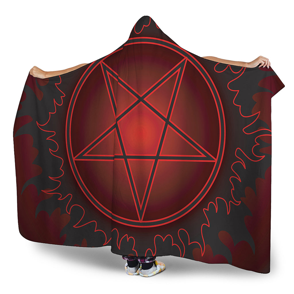 Black And Red Satanic Pentagram Print Hooded Blanket