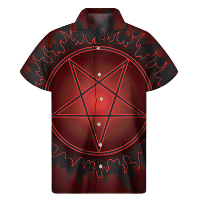Black And Red Satanic Pentagram Print Men's Short Sleeve Shirt
