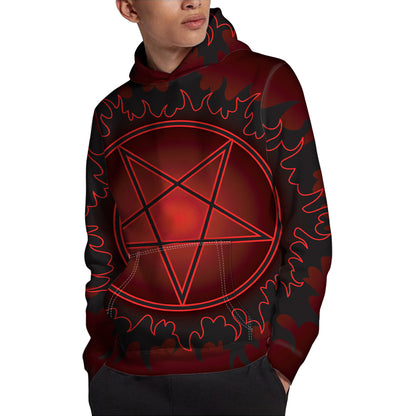 Black And Red Satanic Pentagram Print Pullover Hoodie
