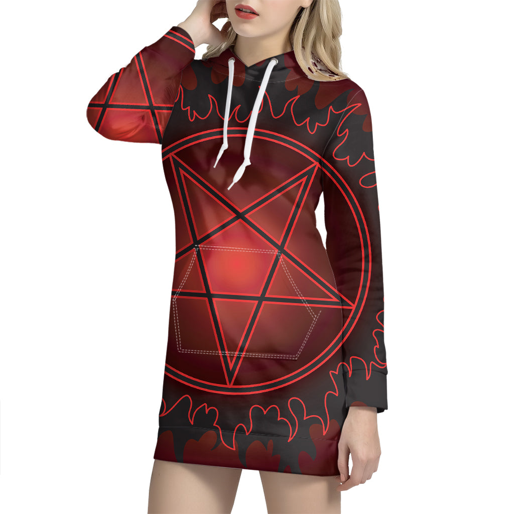 Black And Red Satanic Pentagram Print Pullover Hoodie Dress