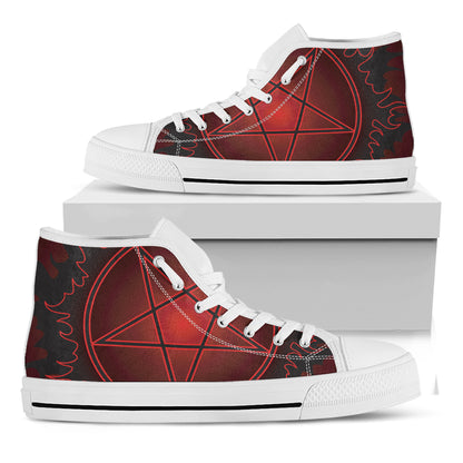 Black And Red Satanic Pentagram Print White High Top Shoes