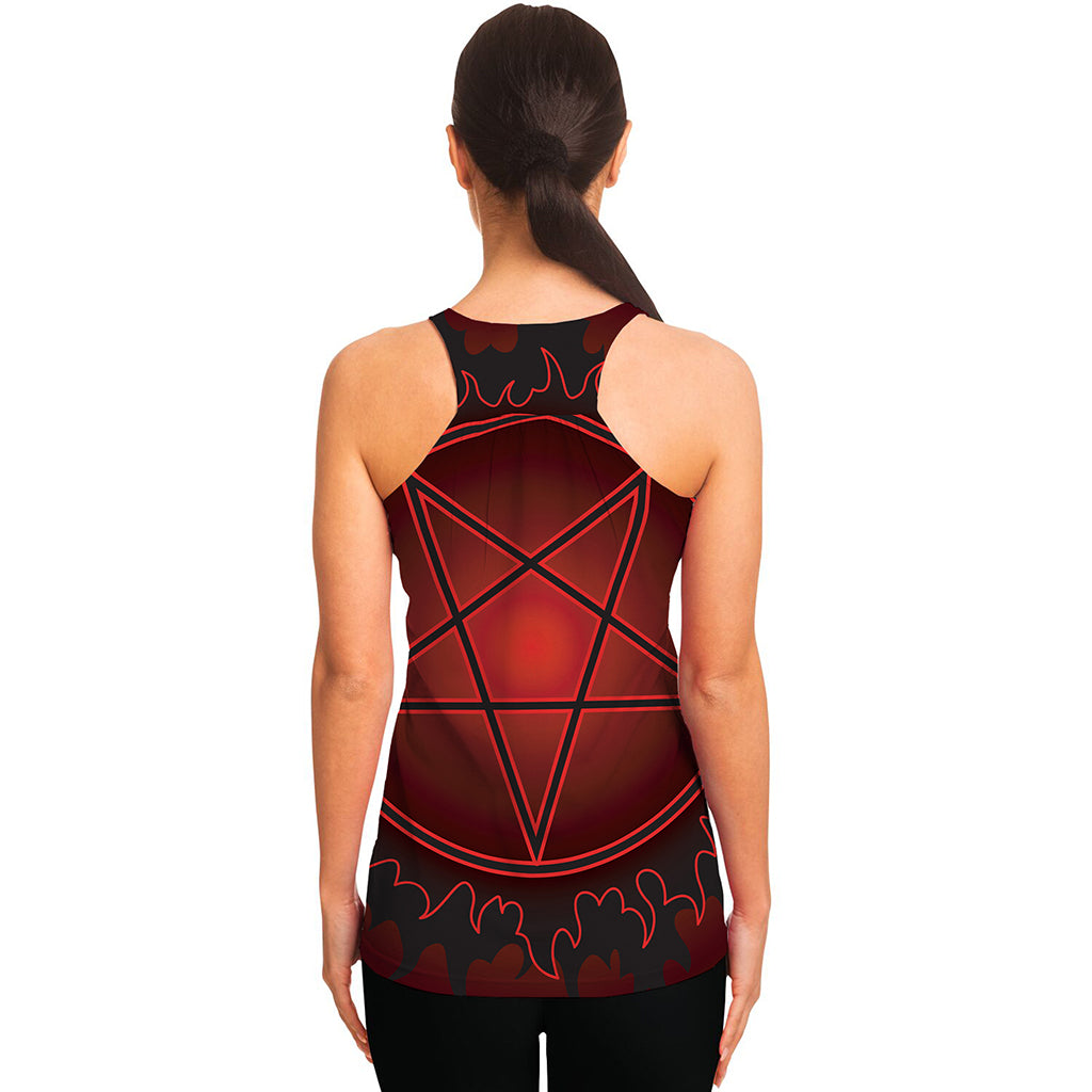 Black And Red Satanic Pentagram Print Women's Racerback Tank Top