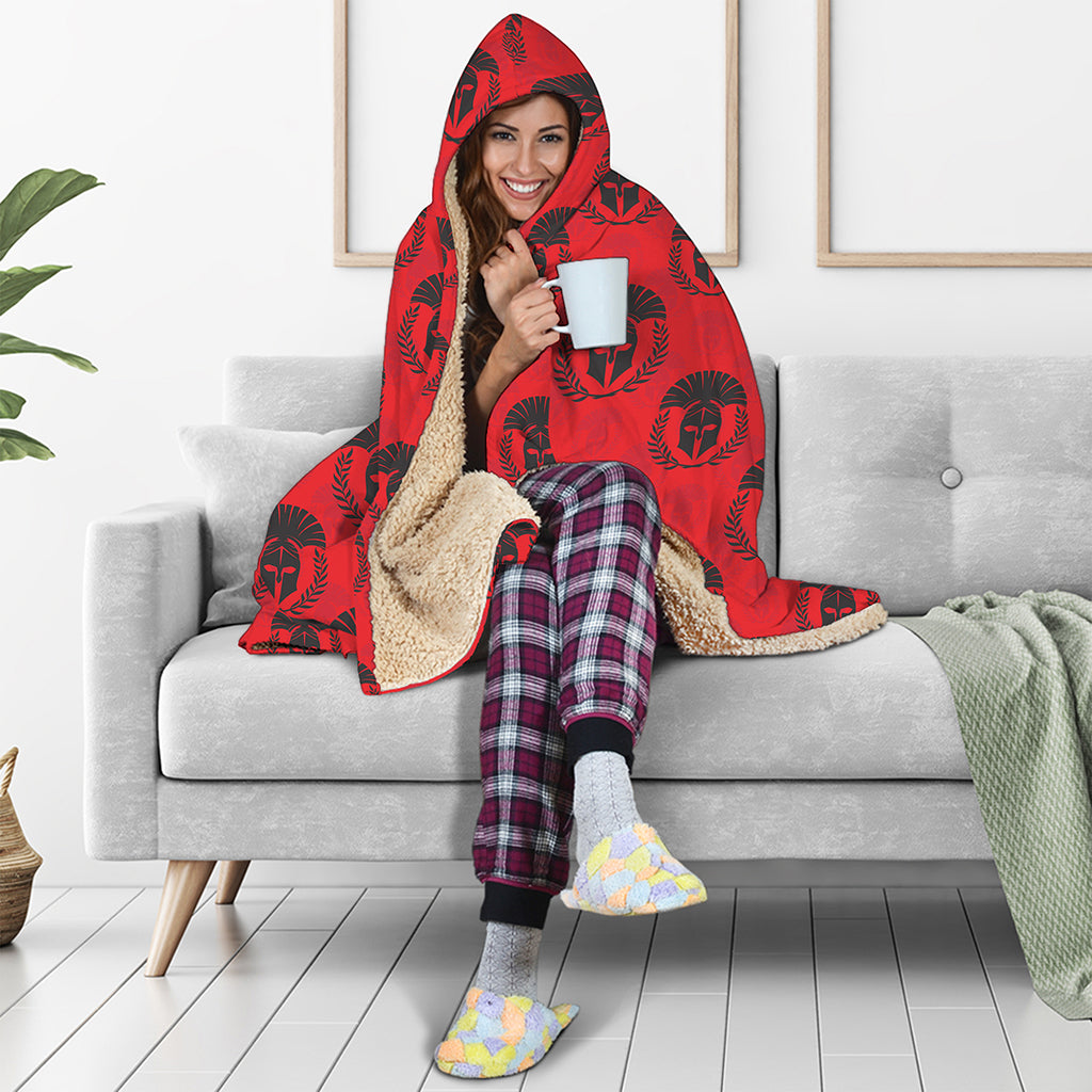 Black And Red Spartan Pattern Print Hooded Blanket