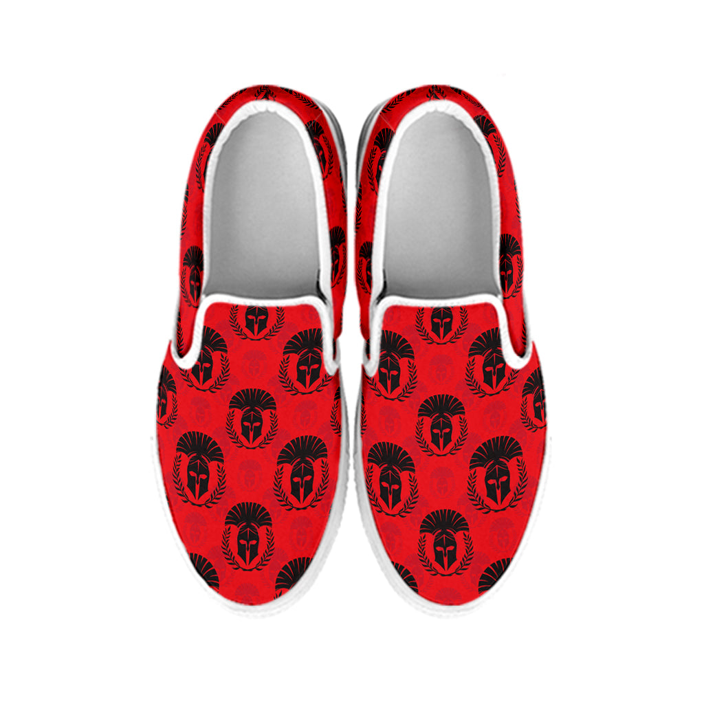 Black And Red Spartan Pattern Print White Slip On Shoes