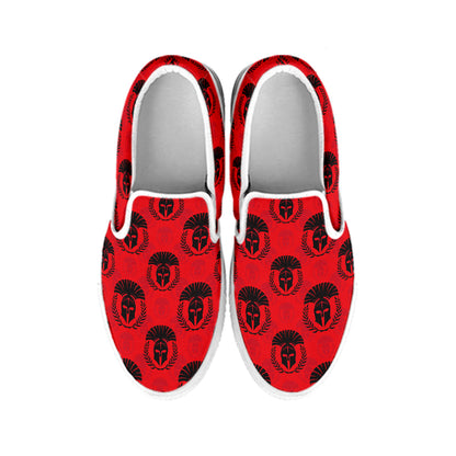 Black And Red Spartan Pattern Print White Slip On Shoes