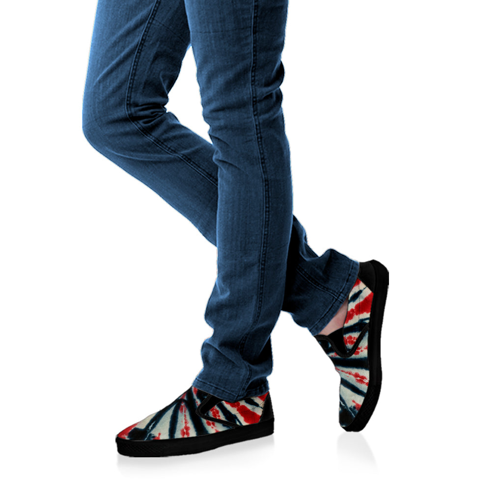 Black And Red Spider Tie Dye Print Black Slip On Shoes
