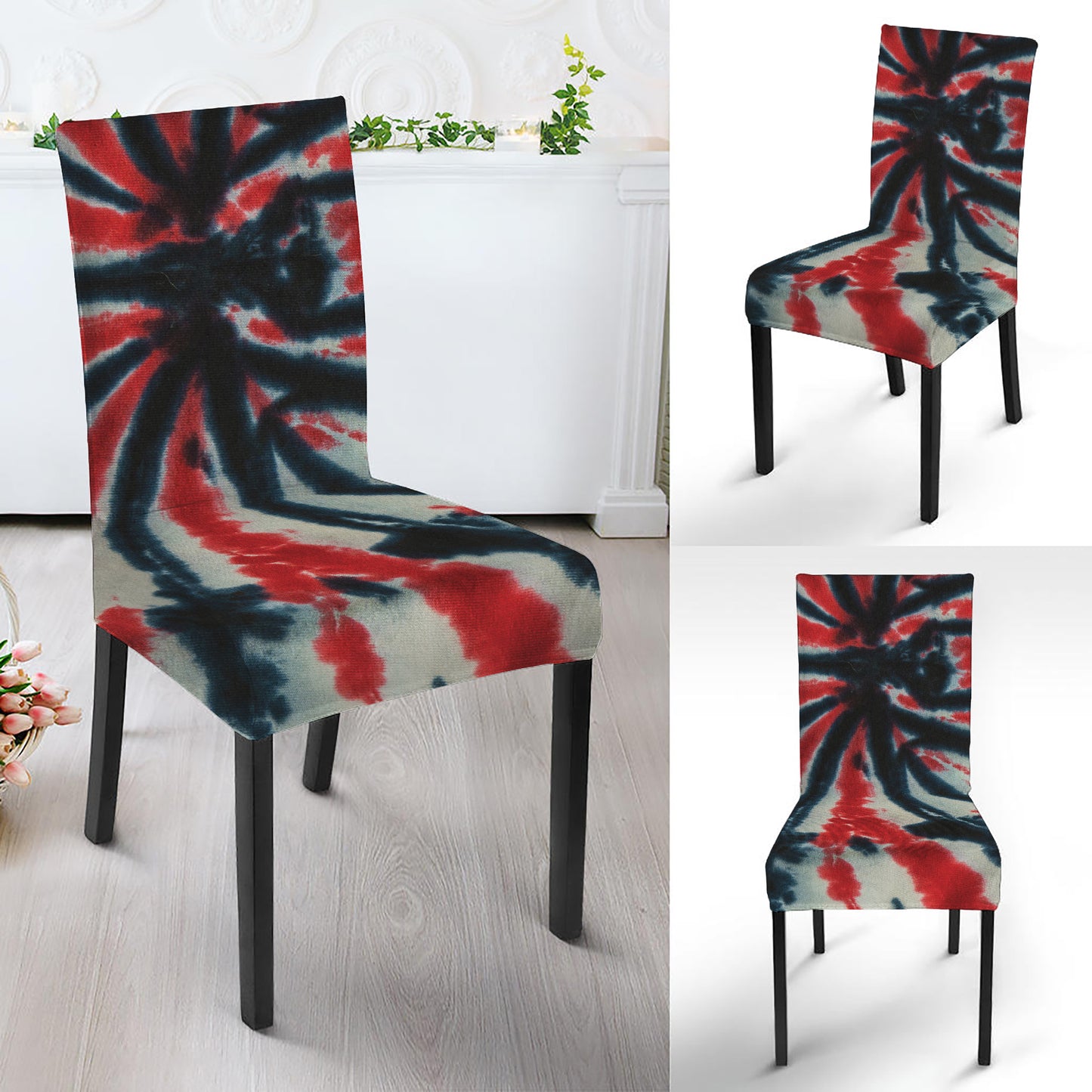 Black And Red Spider Tie Dye Print Dining Chair Slipcover