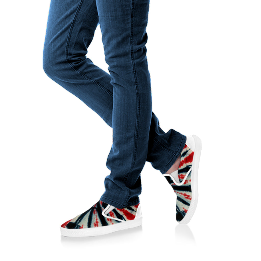 Black And Red Spider Tie Dye Print White Slip On Shoes
