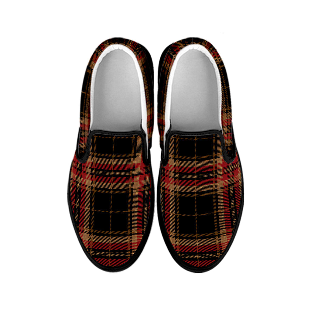 Black And Red Stewart Tartan Print Black Slip On Shoes