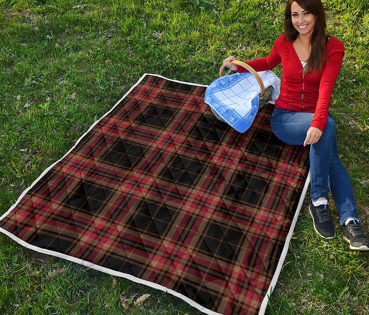 Black And Red Stewart Tartan Print Quilt