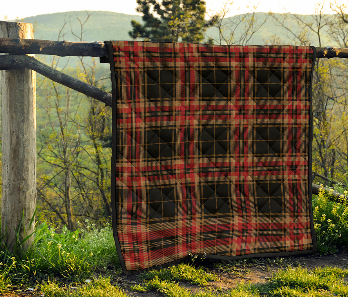 Black And Red Stewart Tartan Print Quilt