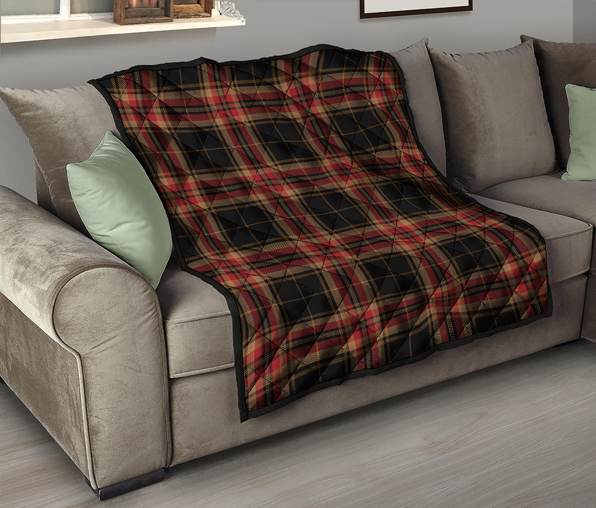 Black And Red Stewart Tartan Print Quilt