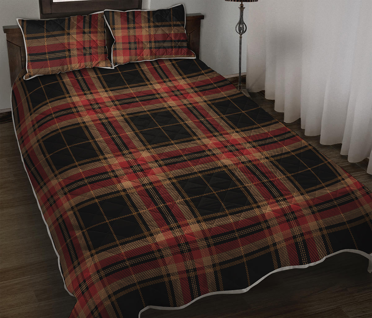 Black And Red Stewart Tartan Print Quilt Bed Set