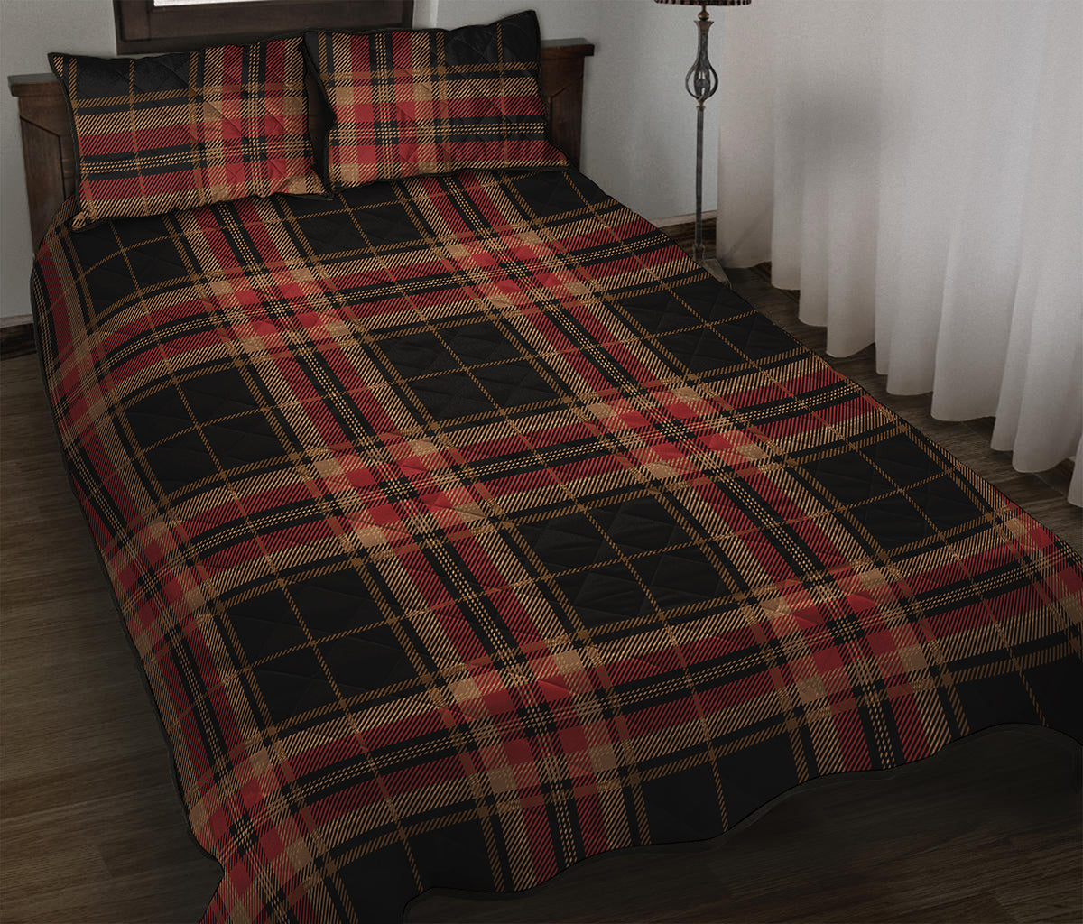 Black And Red Stewart Tartan Print Quilt Bed Set