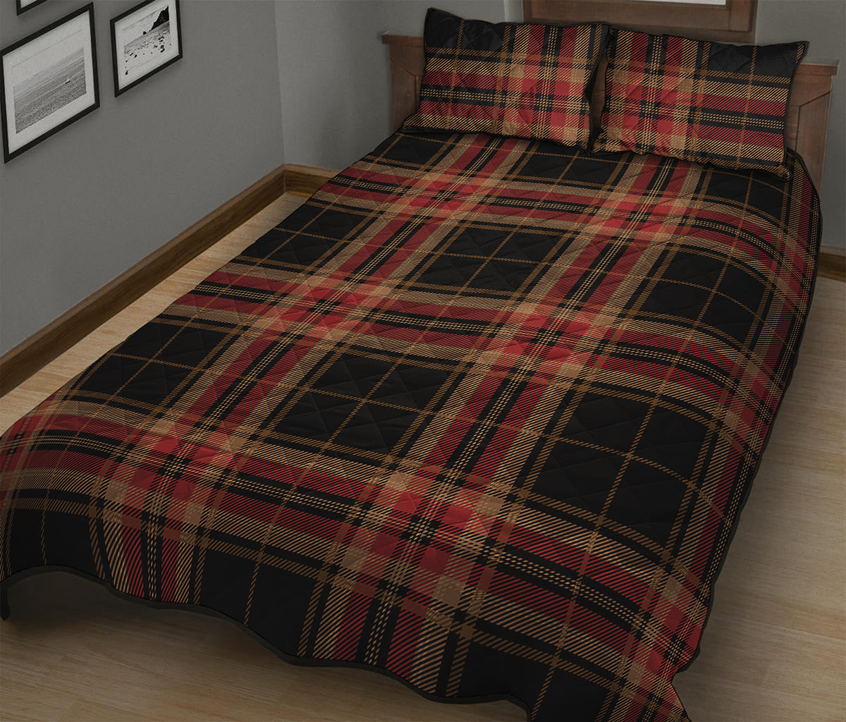 Black And Red Stewart Tartan Print Quilt Bed Set