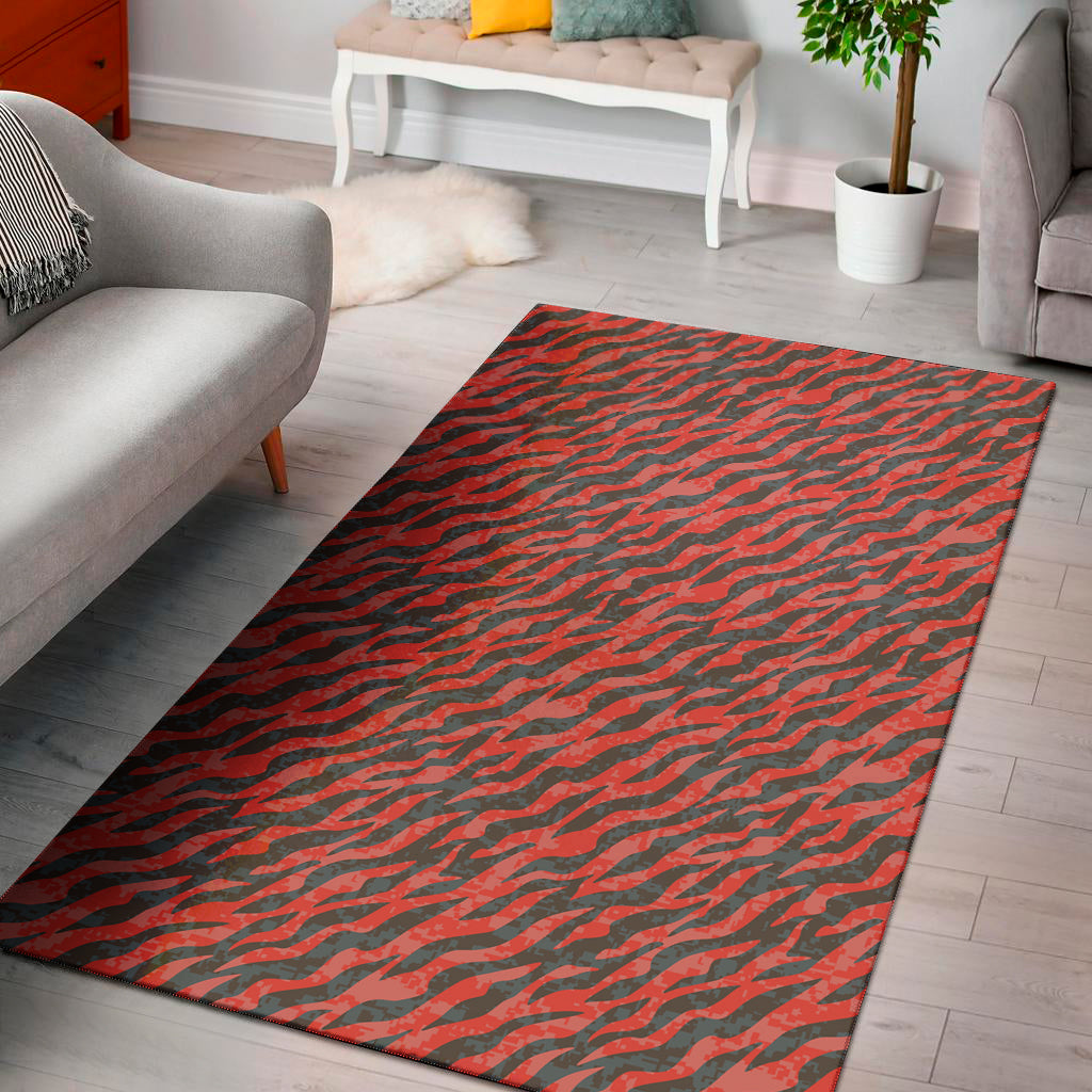 Black And Red Tiger Stripe Camo Print Area Rug