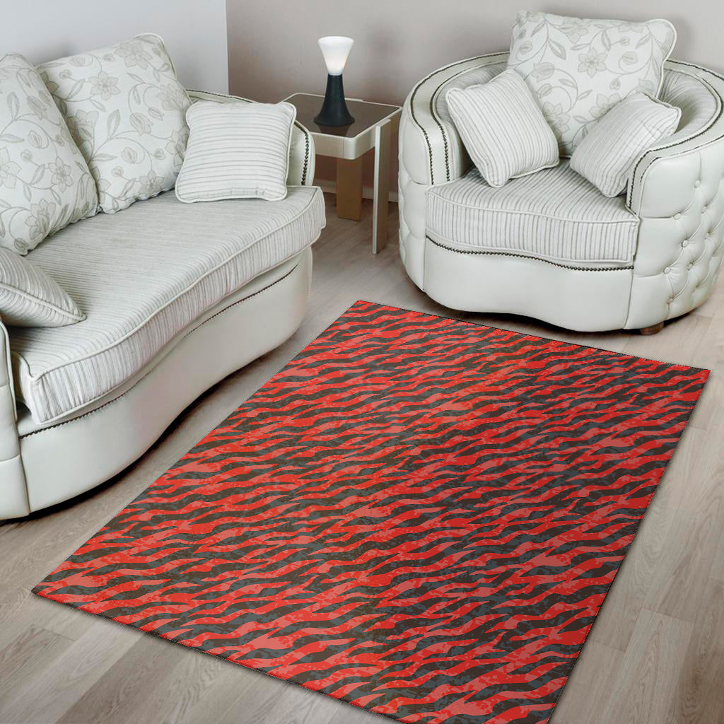 Black And Red Tiger Stripe Camo Print Area Rug