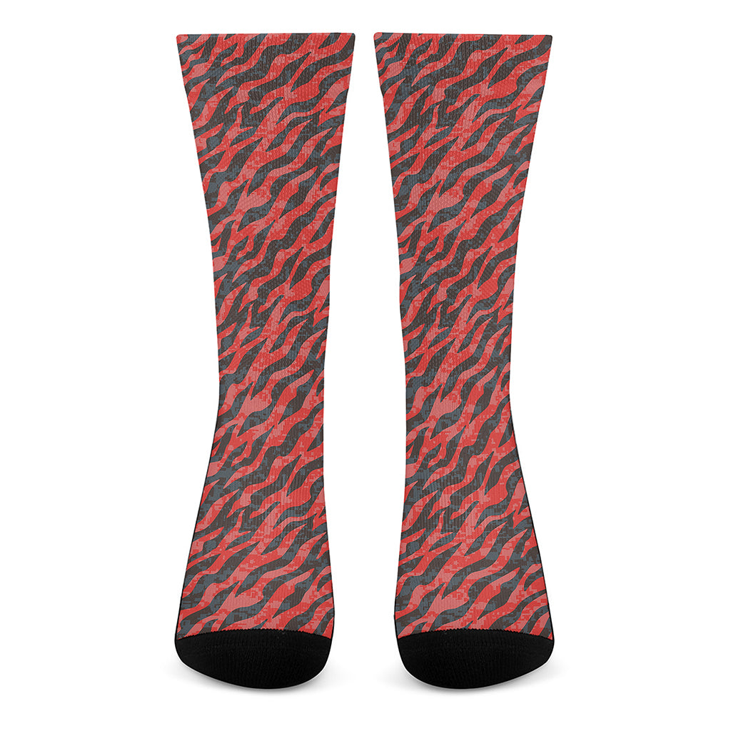 Black And Red Tiger Stripe Camo Print Crew Socks