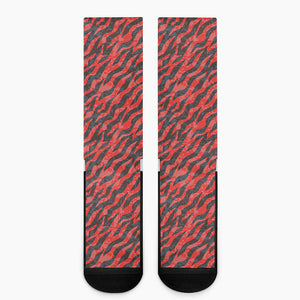 Black And Red Tiger Stripe Camo Print Crew Socks