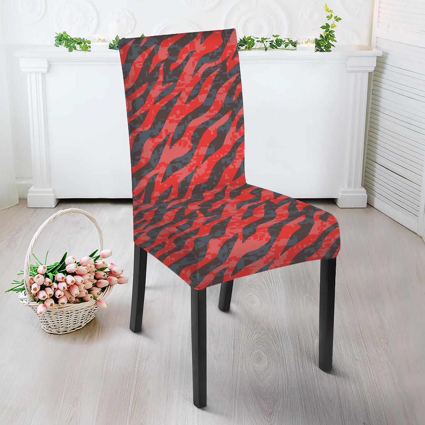Black And Red Tiger Stripe Camo Print Dining Chair Slipcover