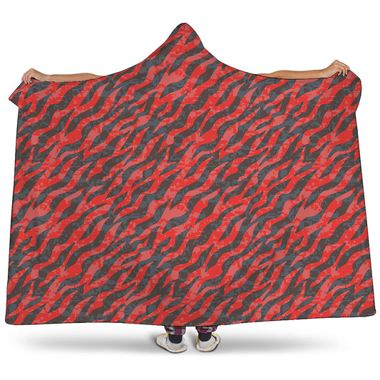 Black And Red Tiger Stripe Camo Print Hooded Blanket
