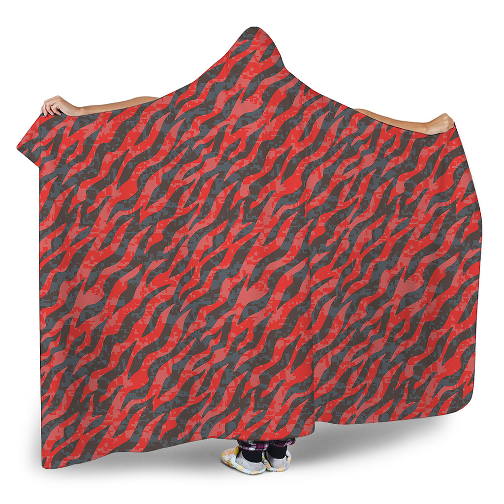 Black And Red Tiger Stripe Camo Print Hooded Blanket