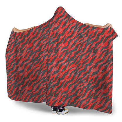 Black And Red Tiger Stripe Camo Print Hooded Blanket