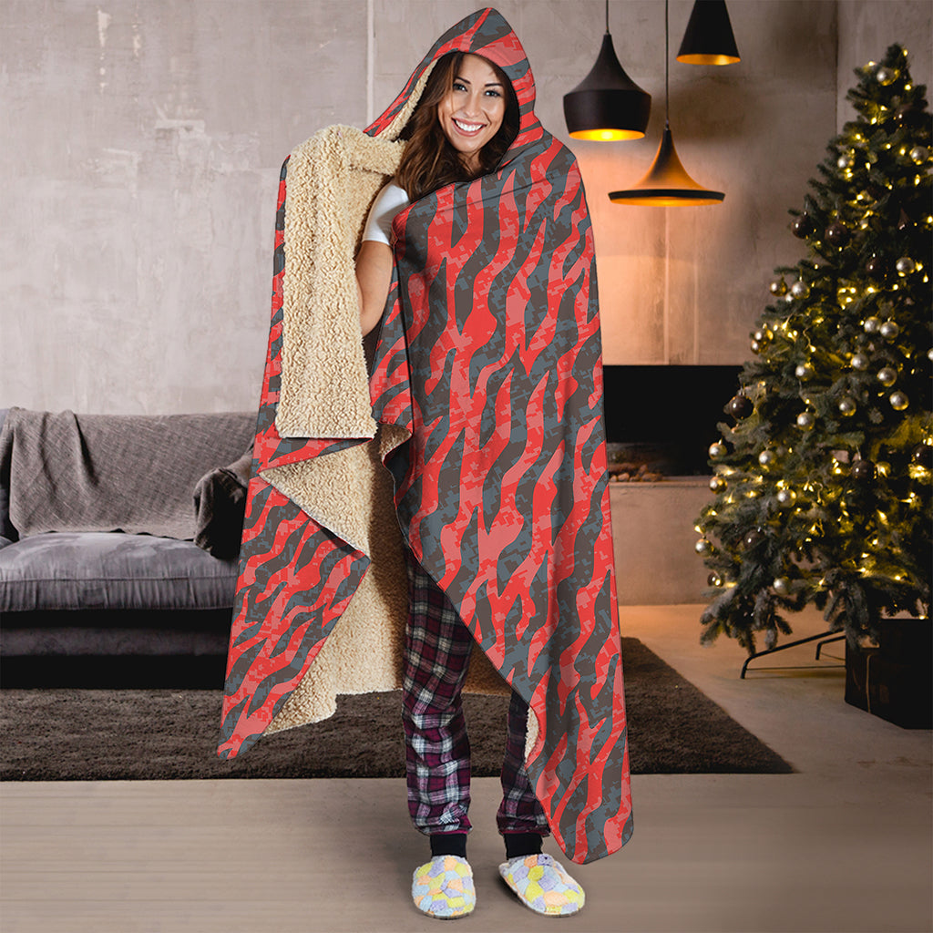 Black And Red Tiger Stripe Camo Print Hooded Blanket